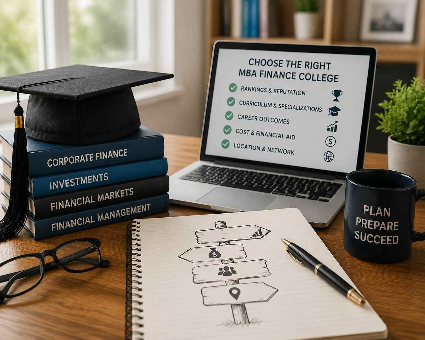 Choosing the right MBA finance college in USA with graduation cap, finance books, laptop showing college selection factors, notebook, and planning tools representing MBA decision-making and career goals.